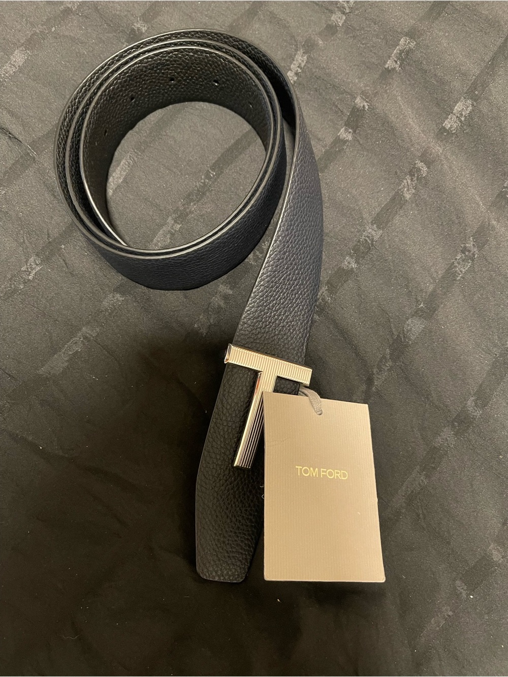 Tom Ford Black Leather Belt with Silver T Buckle